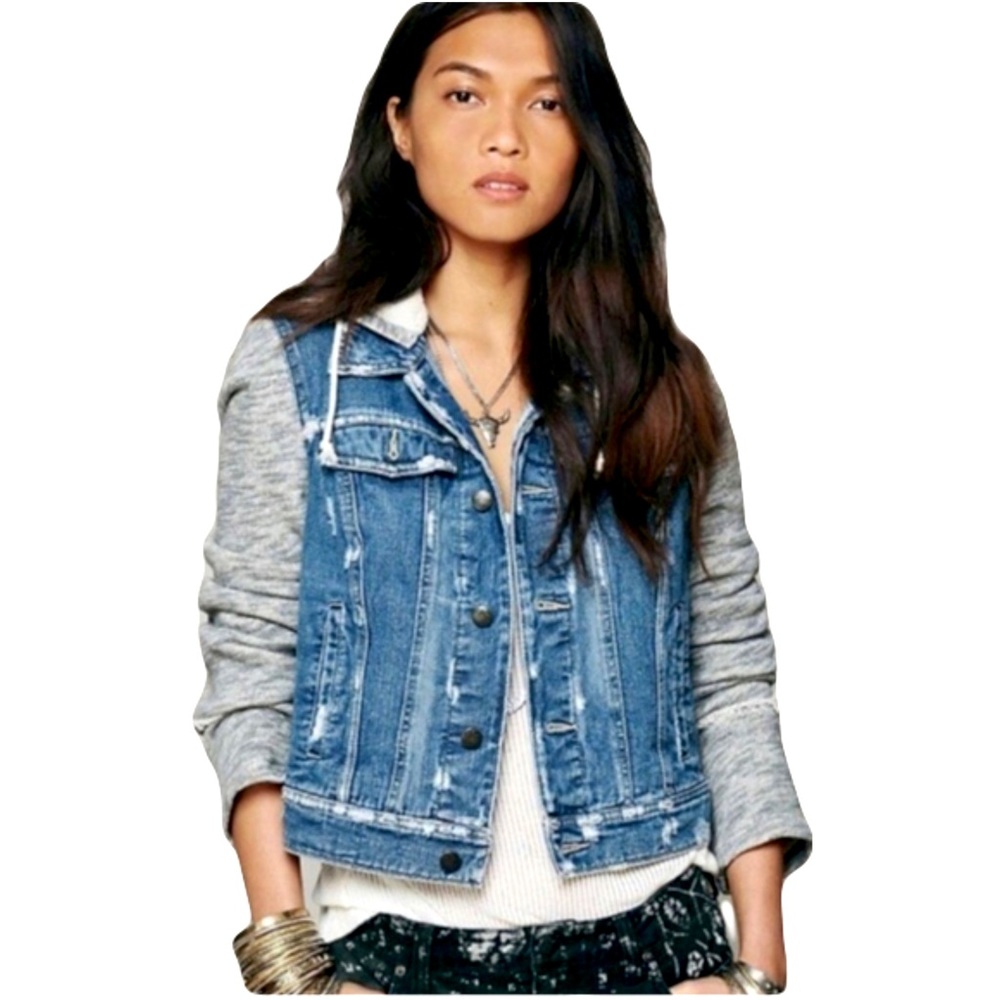 Free People Denim Knit Hoodie Jean Jacket Indie Wash Gray Distressed